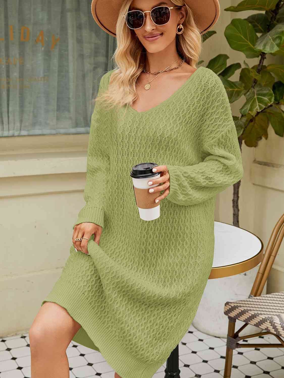 V-Neck Long Sleeve Sweater Dress