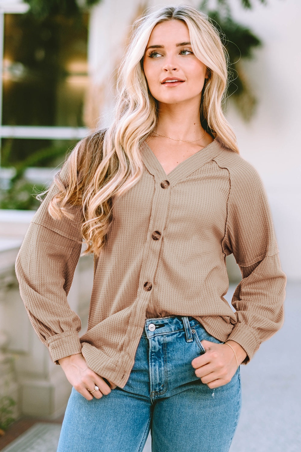 Button Down V-Neck Waffle Knit Shirt