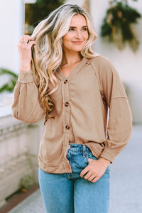 Button Down V-Neck Waffle Knit Shirt