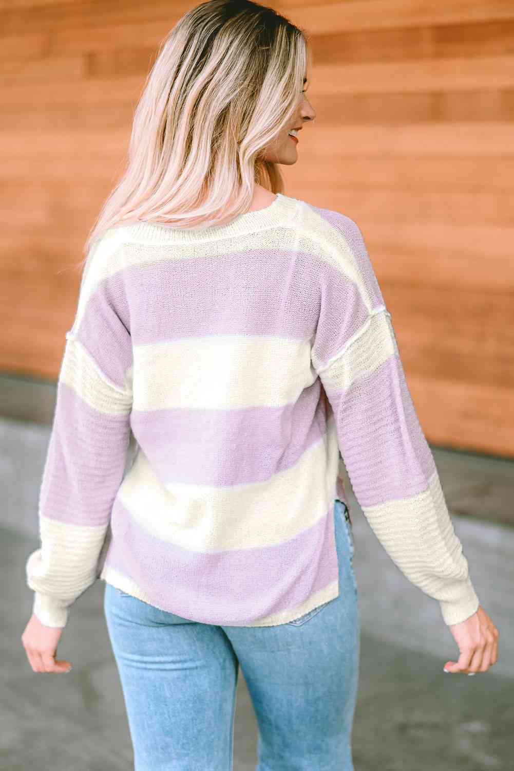 Notched Neck Color Block Dropped Shoulder Knit Top