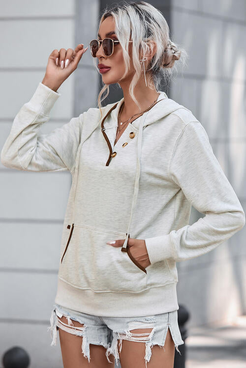 Half Button Drawstring Long Sleeve Hoodie