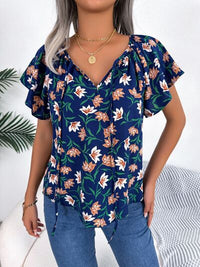 Floral Flutter Sleeve Tie Neck Blouse