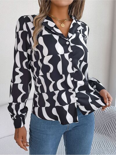 Black and White Printed Button Up Long Sleeve Shirt