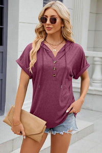 Half Button Drawstring Short Sleeve Hooded T-Shirt