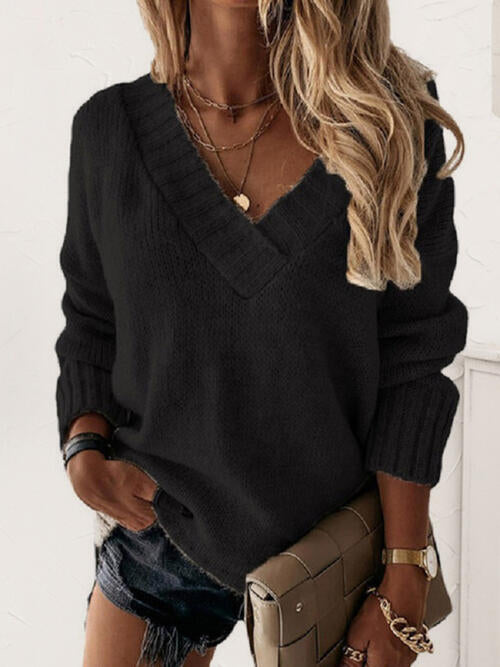 V-Neck Knit Top Long Sleeve