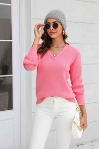 Ribbed V-Neck Dropped Shoulder Knit Top