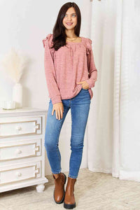 Square Neck Ruffle Shoulder Long Sleeve T-Shirt