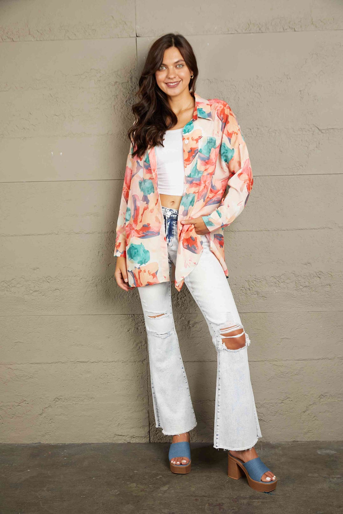 Floral Long Sleeve Slit Longline Shirt