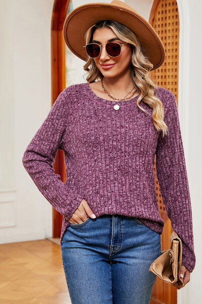 Ribbed Round Neck Long Sleeve T-Shirt