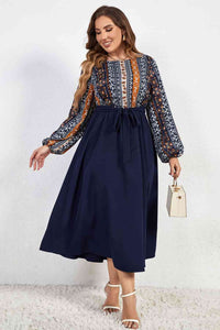 Plus Size Printed Tie Belt Boat Neck Midi Dress