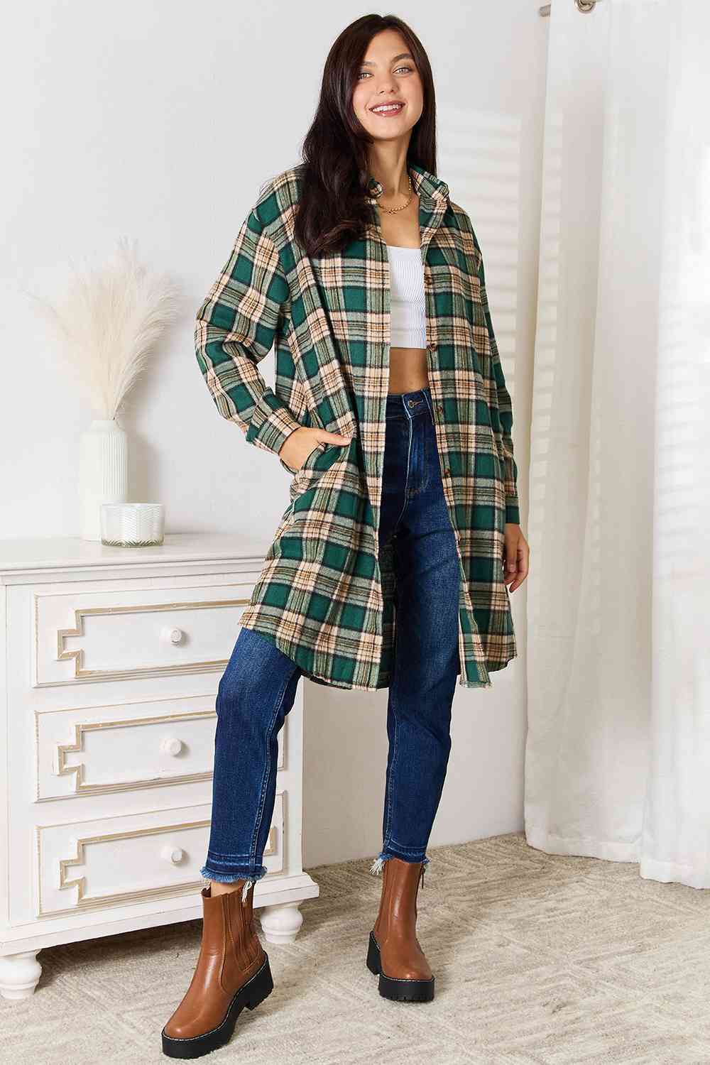 Plaid Collared Neck Long Sleeve Shirt