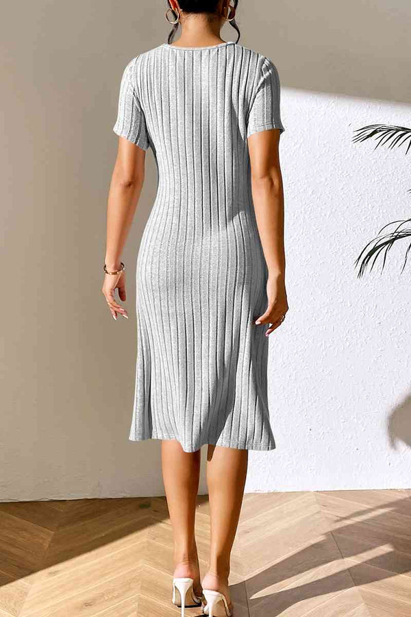 Ribbed Asymmetrical Neck Short Sleeve Dress