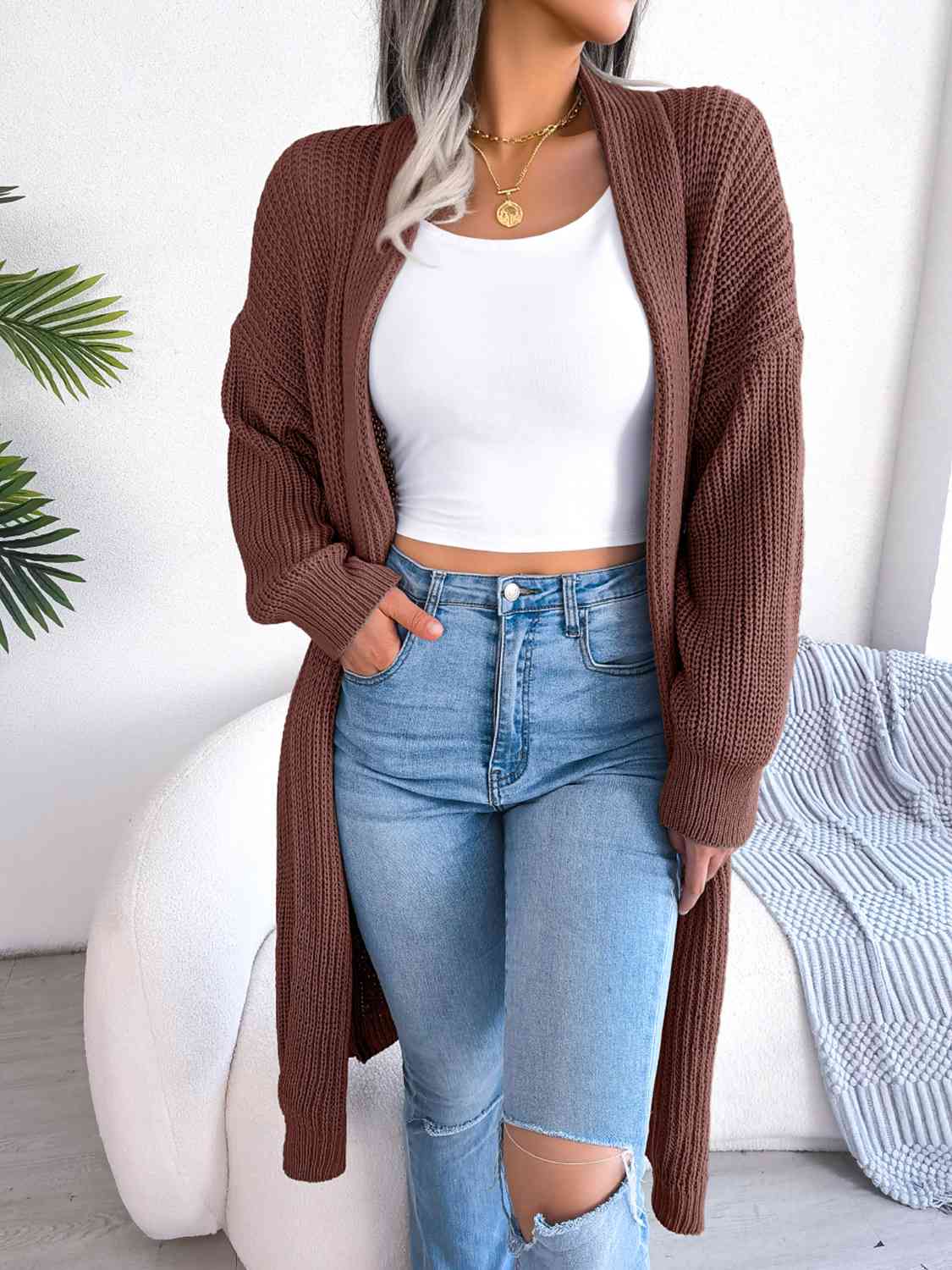 Open Front Longline Dropped Shoulder Cardigan