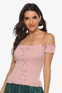 Lace-Up Front Lettuce Hem Off-Shoulder Knit Top