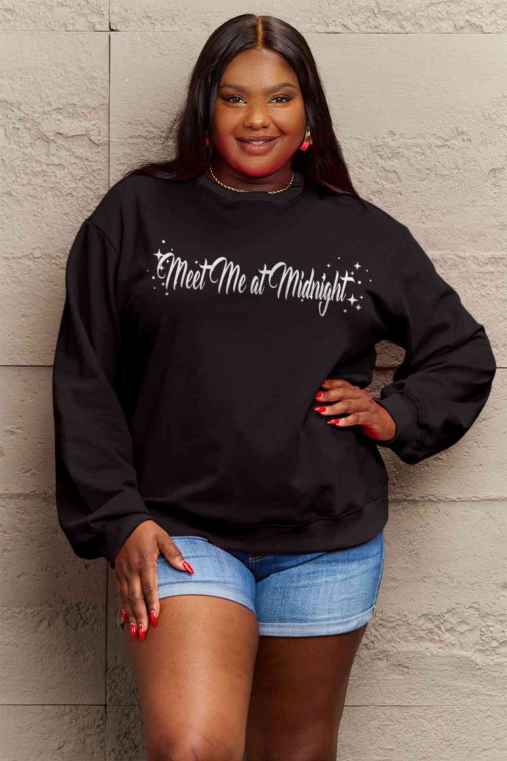 Full Size MEET ME AT MIDNIGHT Graphic Round Neck Sweatshirt