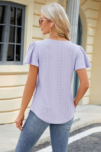 Eyelet Square Neck Short Sleeve T-Shirt