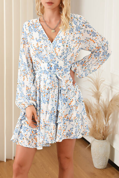 Mini Dress Printed Surplice Balloon Sleeve