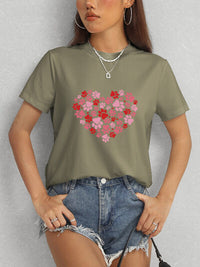 Heart Round Neck Short Sleeve T-Shirt