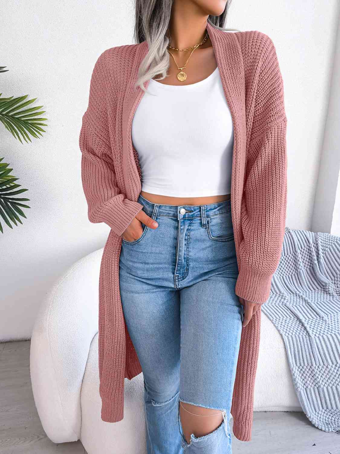 Open Front Longline Dropped Shoulder Cardigan