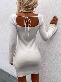 Tie Back Square Neck Long Sleeve Sweater Dress