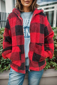 Full Size Plaid Long Sleeve Hooded Coat