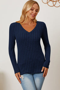 Full Size Ribbed V-Neck Long Sleeve T-Shirt