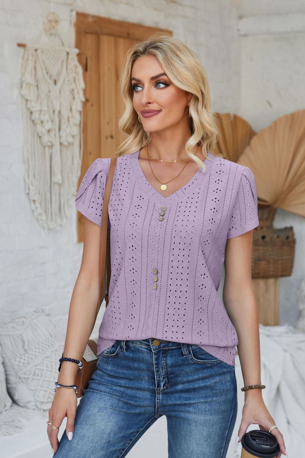 Decorative Button Eyelet V-Neck Short Sleeve T-Shirt