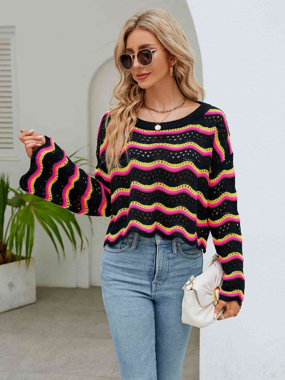 Round Neck Openwork Flare Sleeve Knit Top