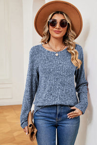 Ribbed Round Neck Long Sleeve T-Shirt