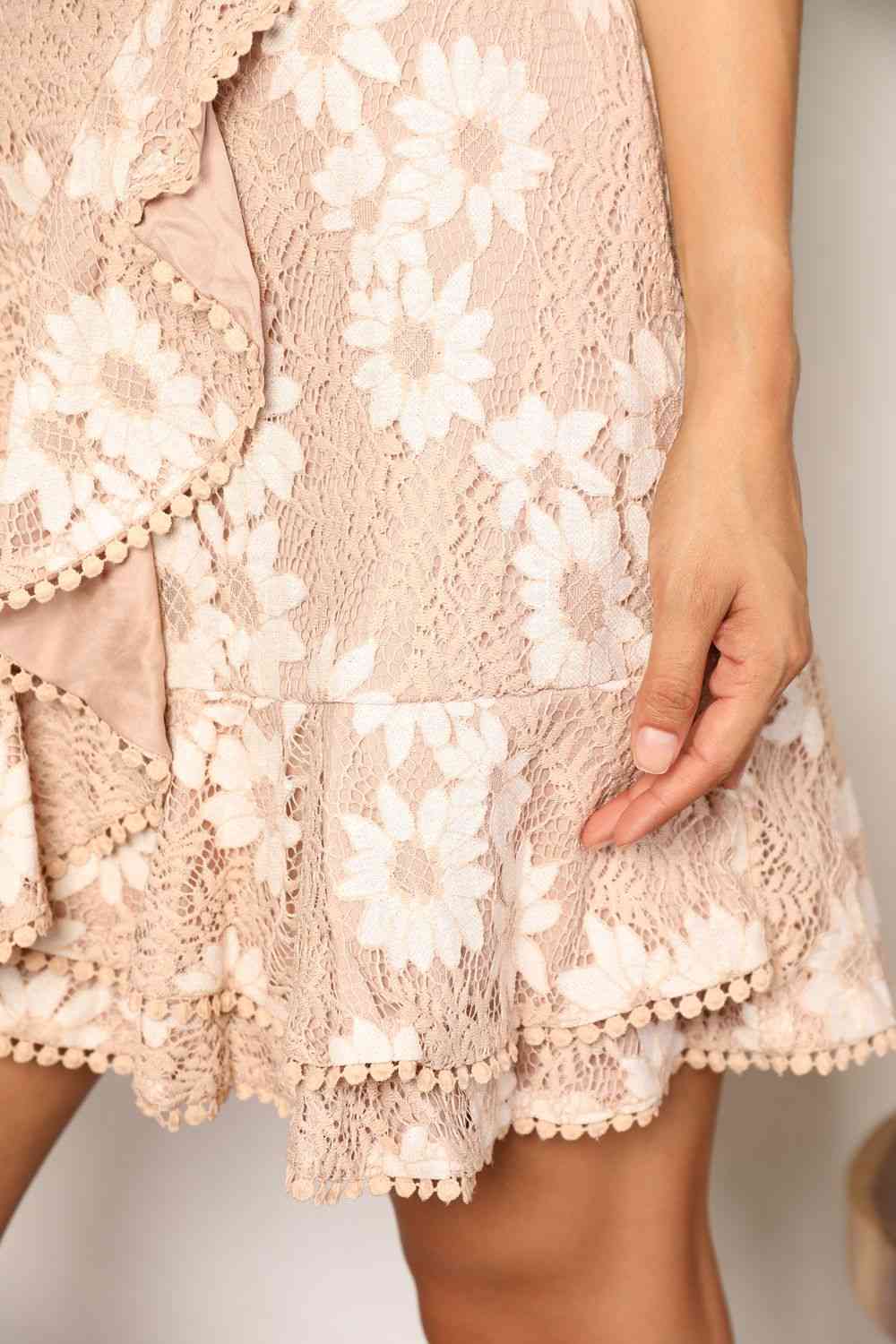 Floral Lace Pompom Detail Tie-Waist Flutter Sleeve Dress