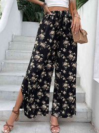 Floral Side Slit Wide Leg Pants