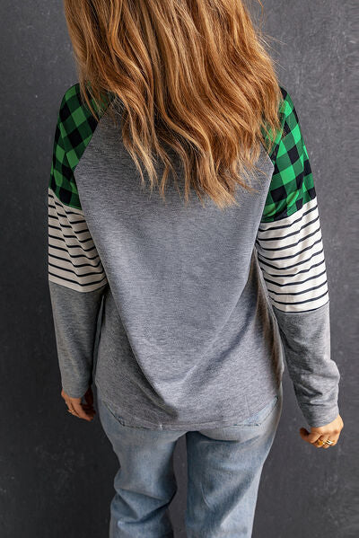 Striped Plaid Round Neck Long Sleeve T-Shirt