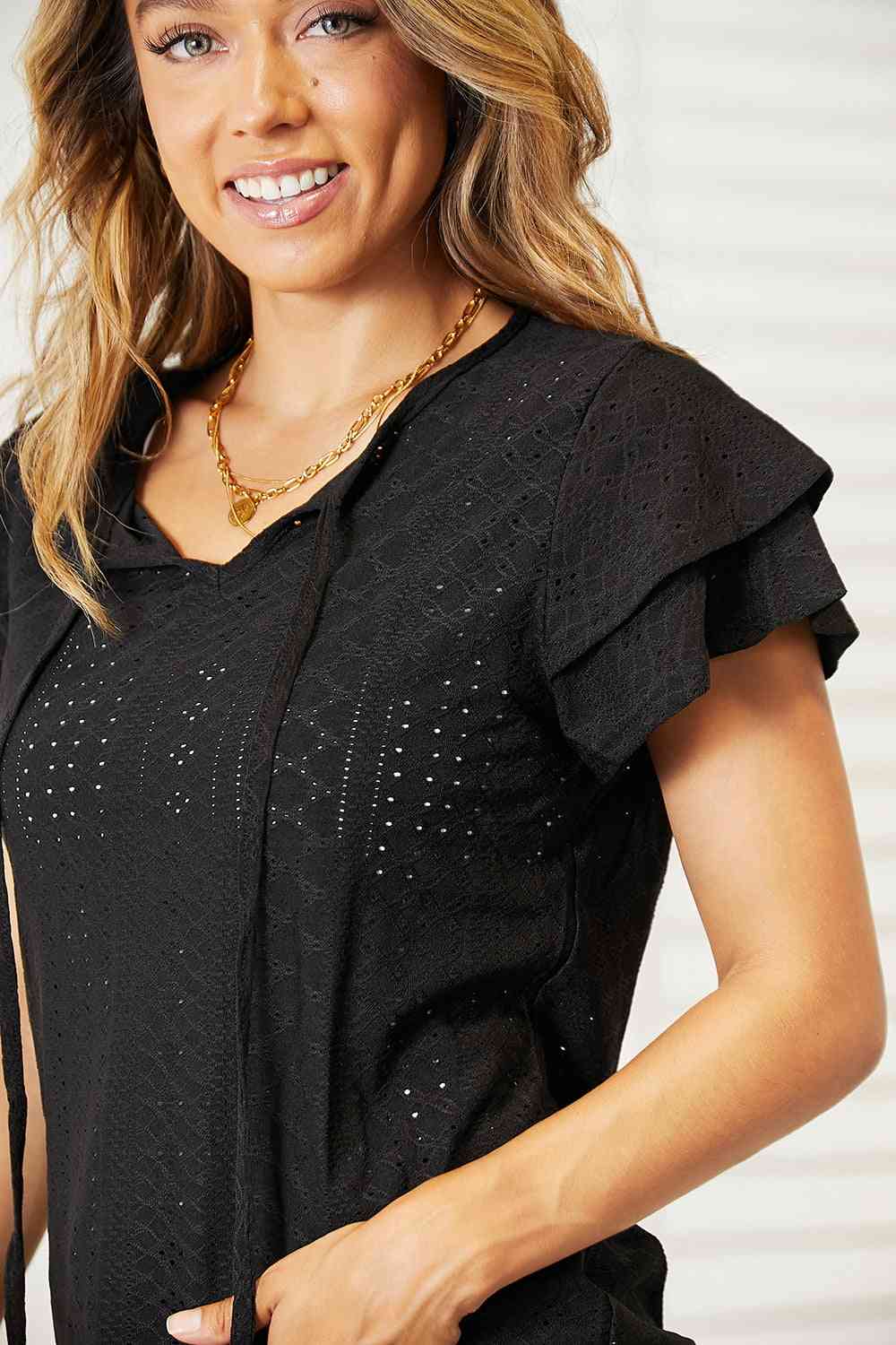 Black Eyelet Tie-Neck Blouse