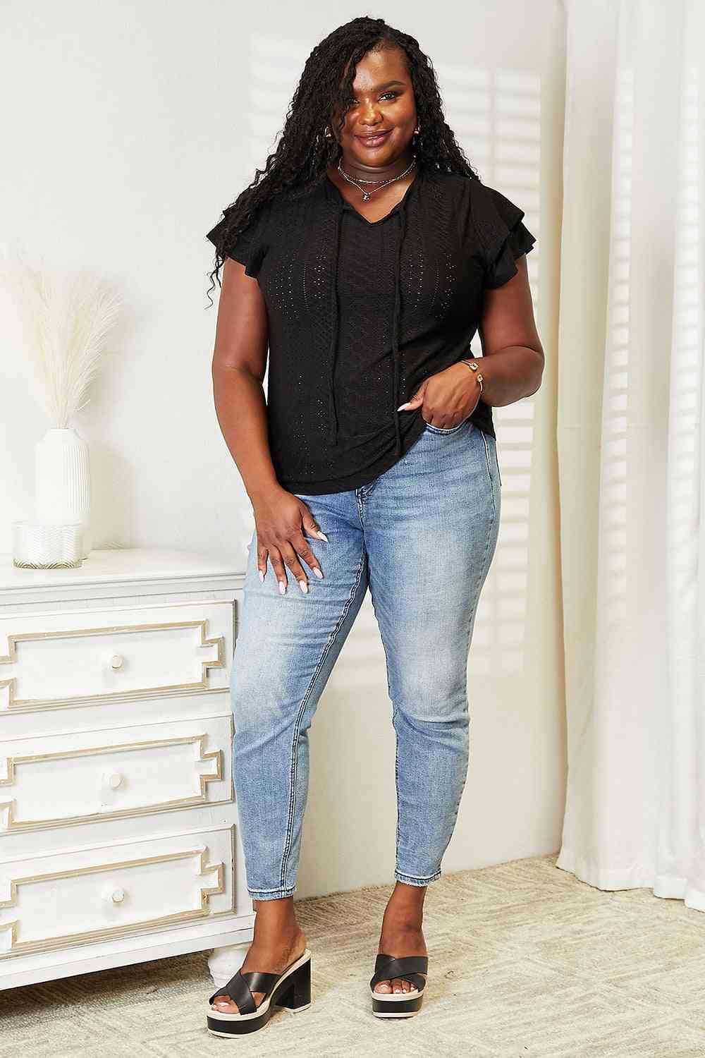 Black Eyelet Tie-Neck Blouse