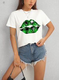 Plaid Lip Graphic Round Neck T-Shirt