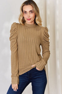 Full Size Ribbed Mock Neck Puff Sleeve T-Shirt