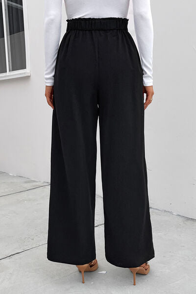 High Waist Ruched Pocketed Wide Leg Pants