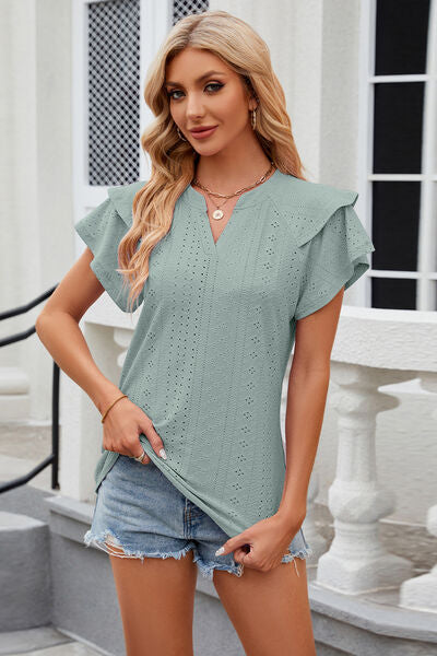 Notched Short Sleeve Eyelet T-Shirt