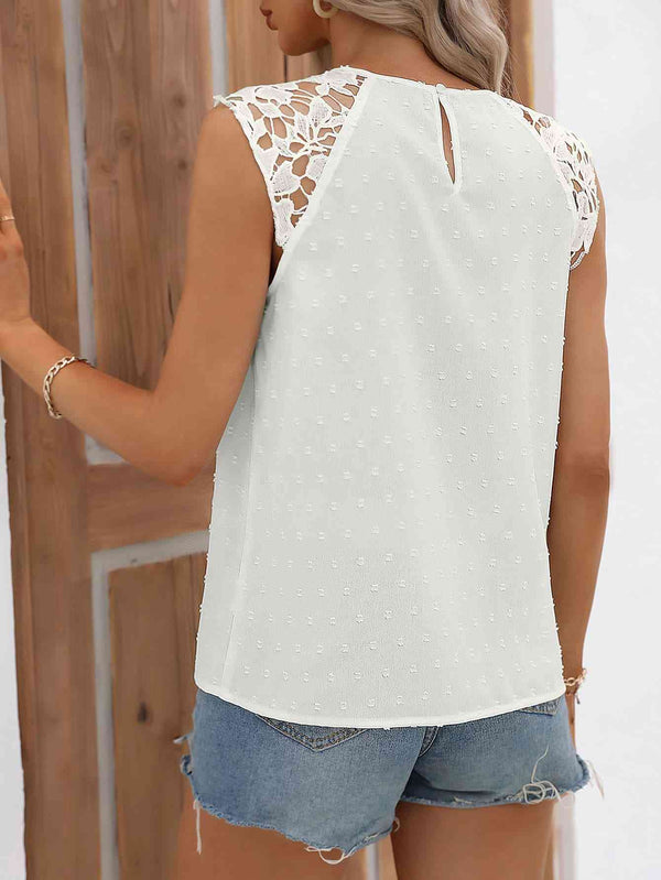 Cutout Round Neck Spliced Lace Tank