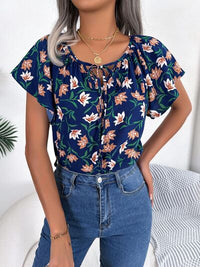 Floral Flutter Sleeve Tie Neck Blouse