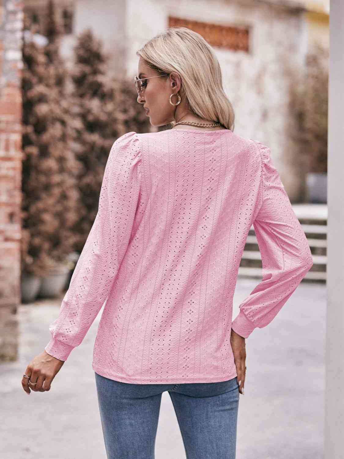 Eyelet Square Neck Puff Sleeve Blouse