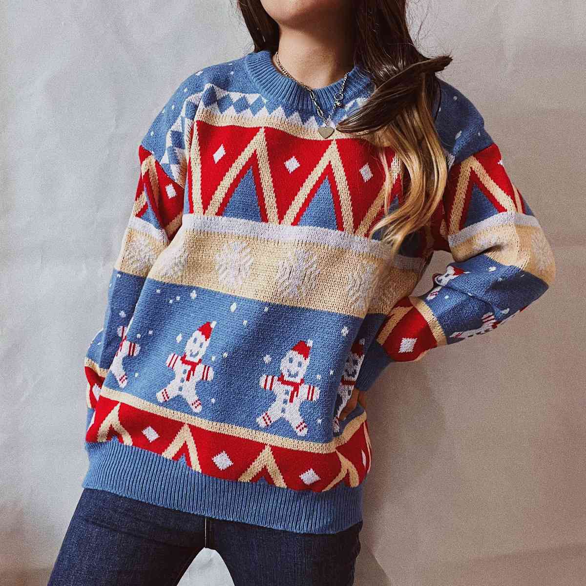 Printed Snowmen Round Neck Long Sleeve Sweater