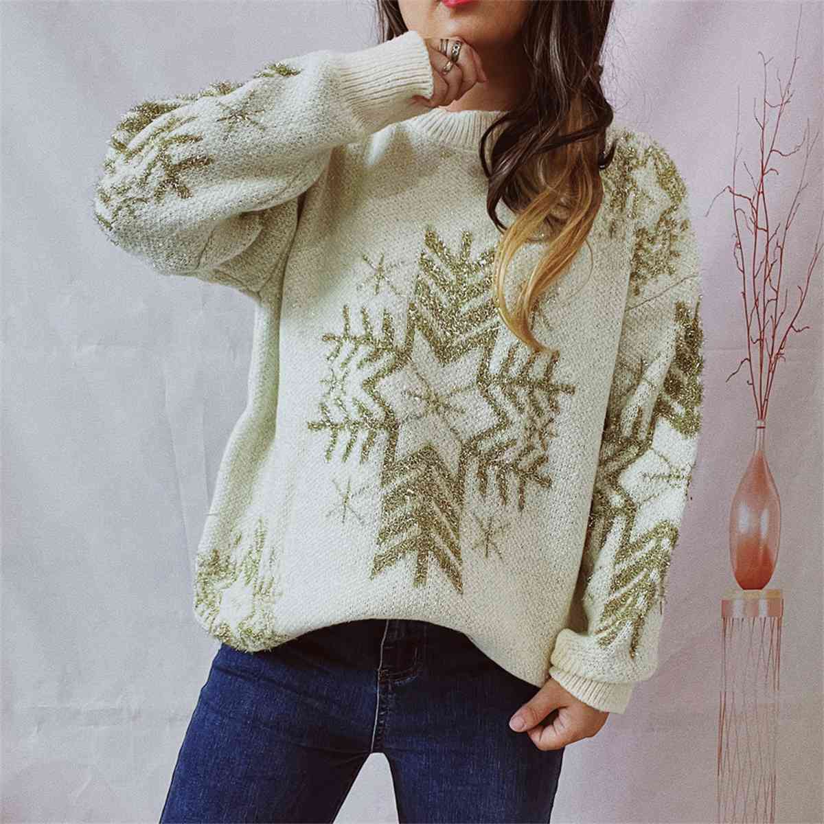 Large Snowflake Pattern Long Sleeve Sweater