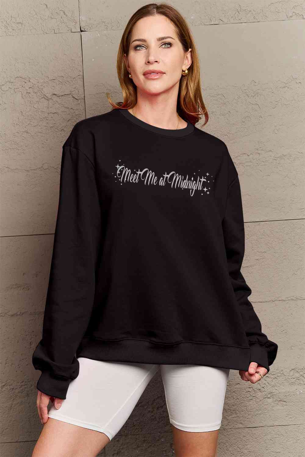 Full Size MEET ME AT MIDNIGHT Graphic Round Neck Sweatshirt