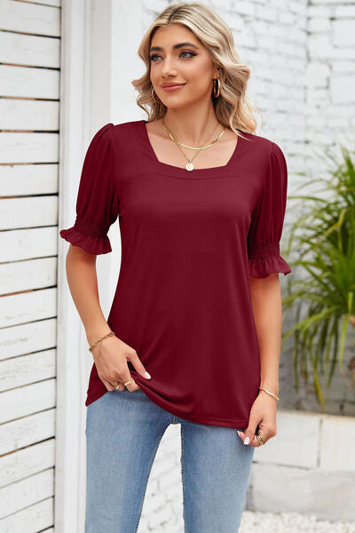 Smocked Square Neck Short Sleeve T-Shirt