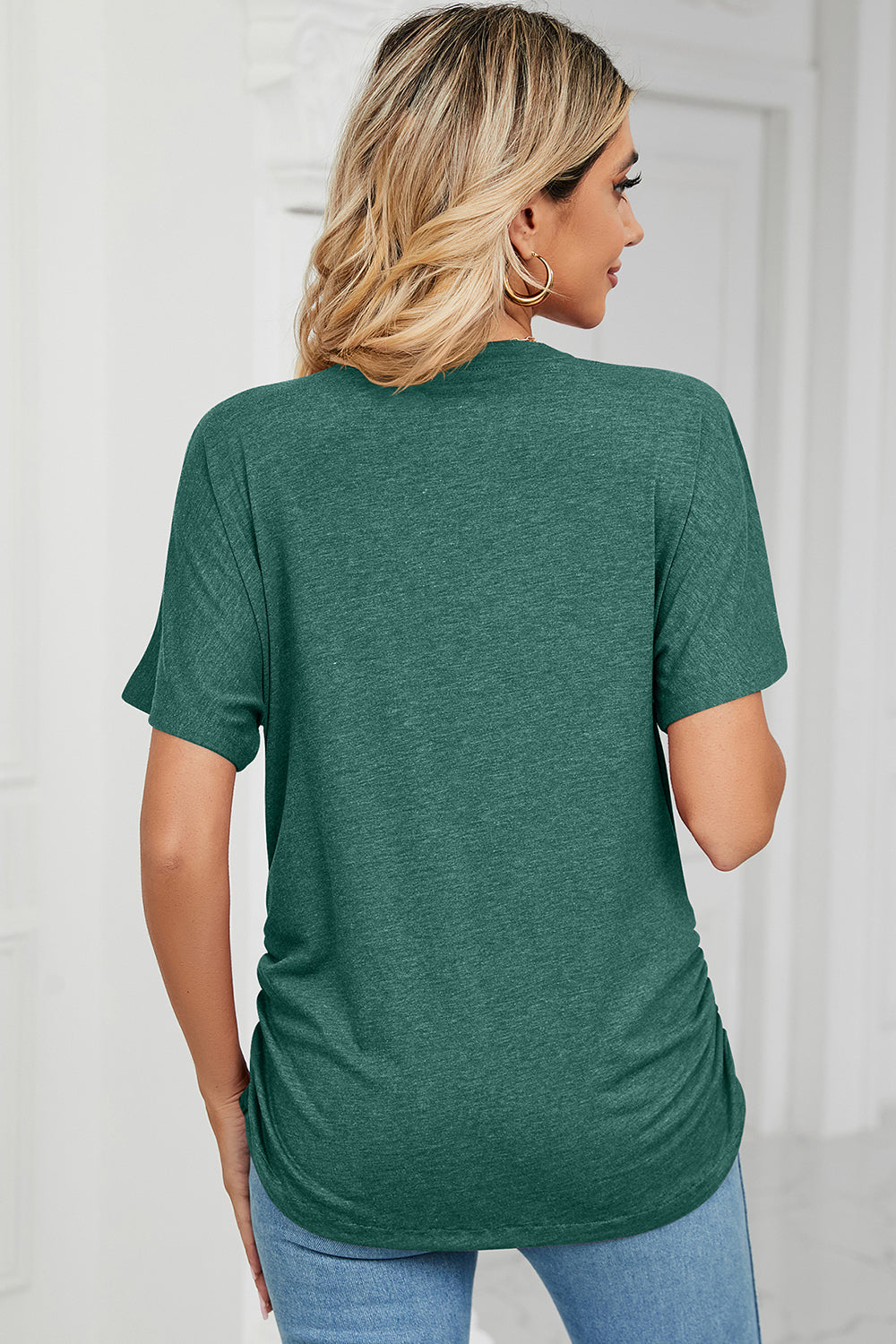 Ruched V-Neck Short Sleeve T-Shirt