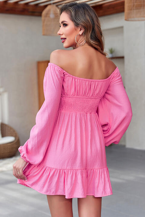 Smocked Balloon Sleeve Off-Shoulder Mini Dress