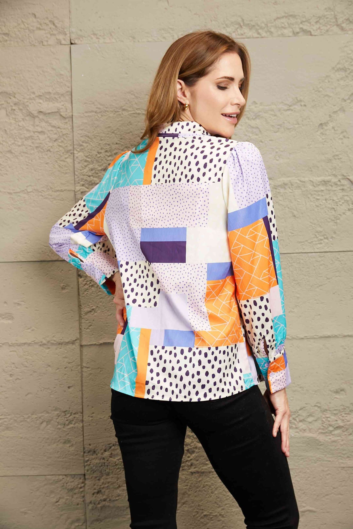 Patchwork Puff Sleeve Collared Shirt