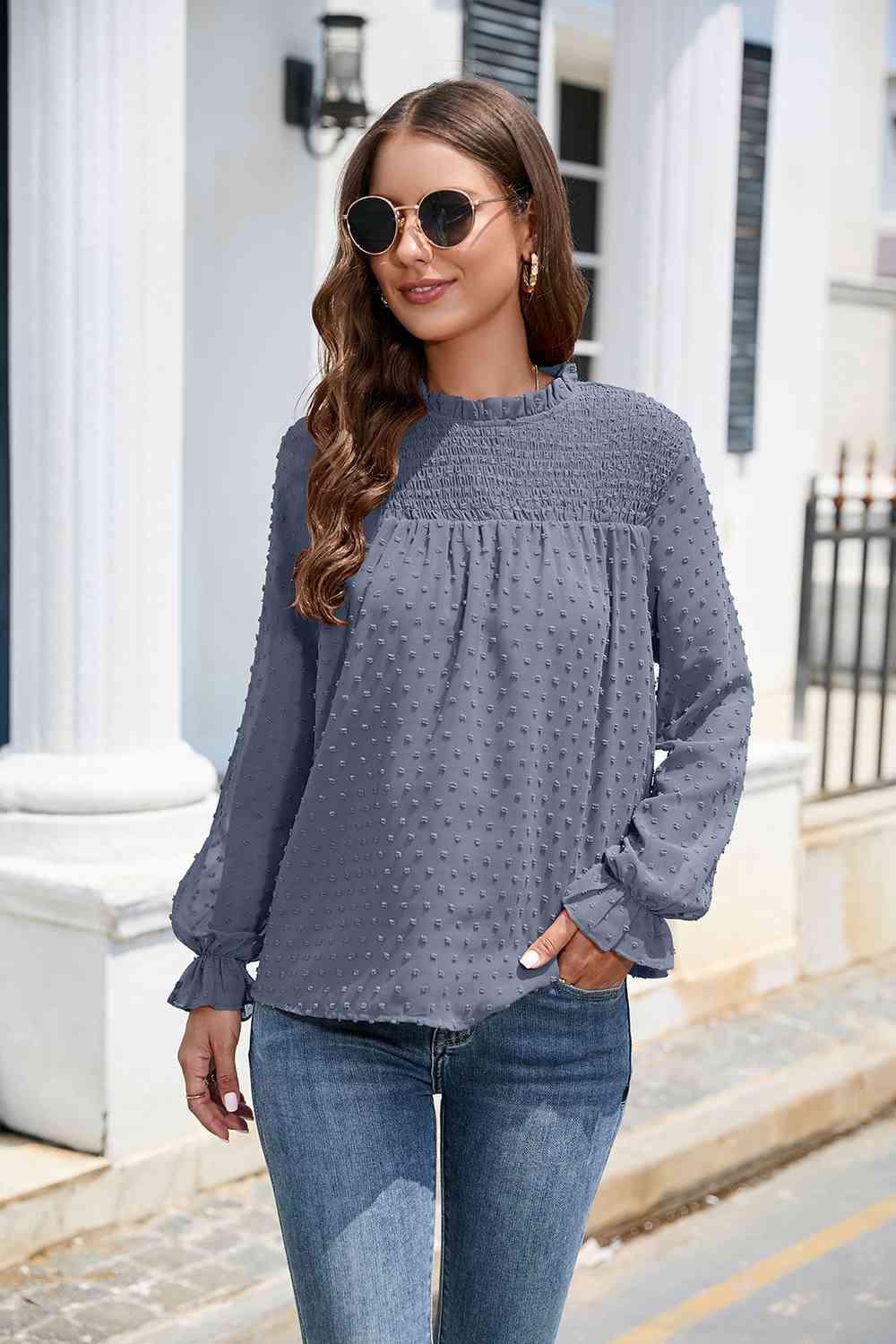 Smocked Mock Neck Swiss Dot Top