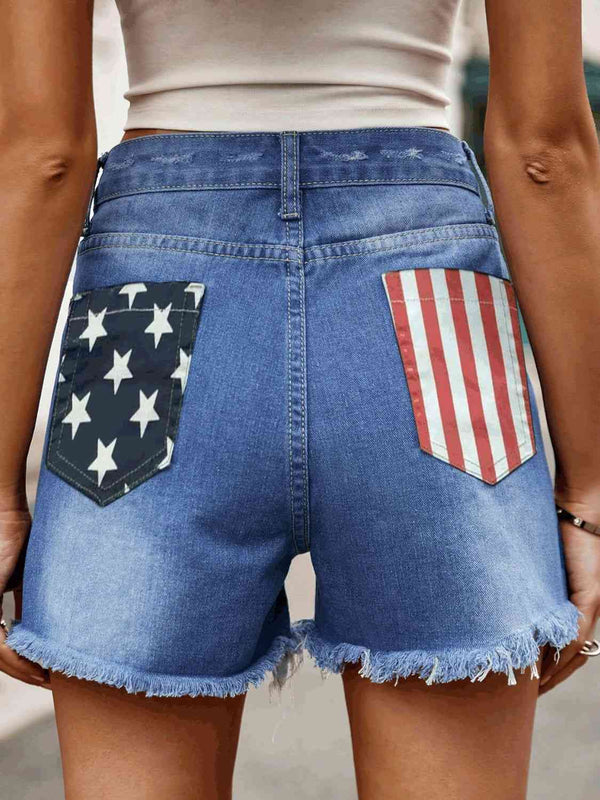 US Flag Print Raw Hem Denim Shorts with Pockets